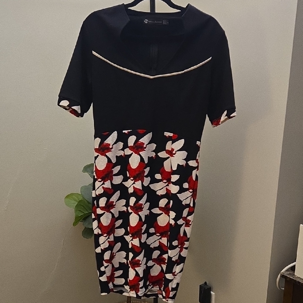 Chic Black and Red Floral Midi Dress Office Business XL Size 10